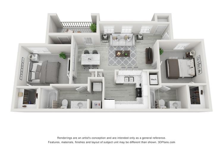 3D | This 2-bedroom, 2-bathroom floor plan is our spacious roommate style layout featuring a double master bedroom. This floor plan comes equipped with large walk-in closets and ample storage space to meet all of your needs. This floor plan also features an open kitchen with a breakfast bar, stainless steel appliances, grey wood-style flooring, and beautiful granite-like countertops. All homes are complete with a separate, convenient laundry room!