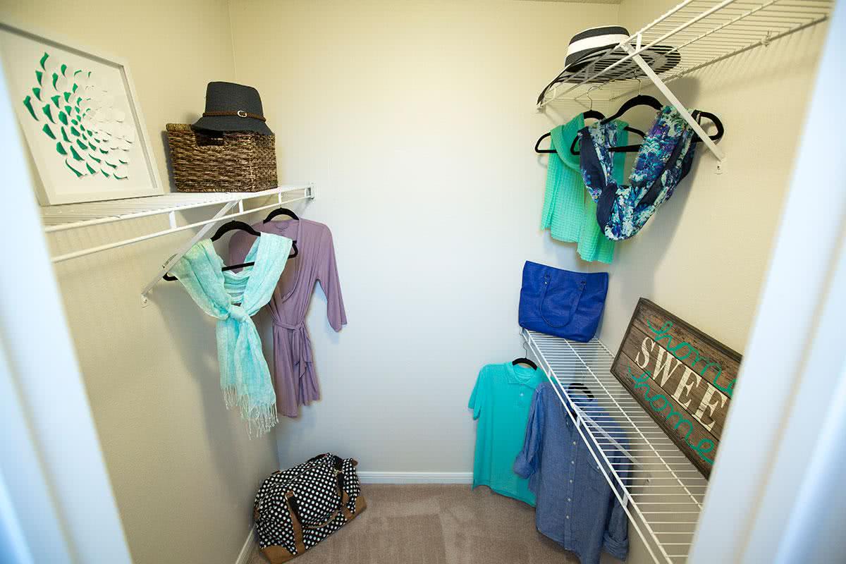 Master bedrooms feature walk-in closets with built-in organizers.