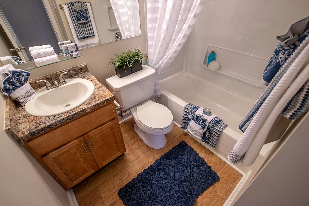Newly remodeled bathrooms featuring large mirrors, updated countertops and cabinetry.
