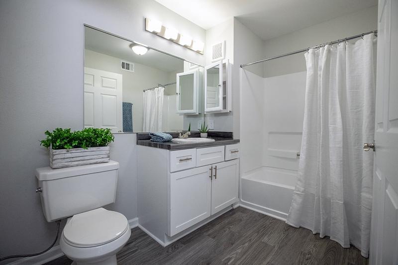 Bathroom | Bathrooms featuring wood-style flooring, black fusion countertops, and a large mirror. 