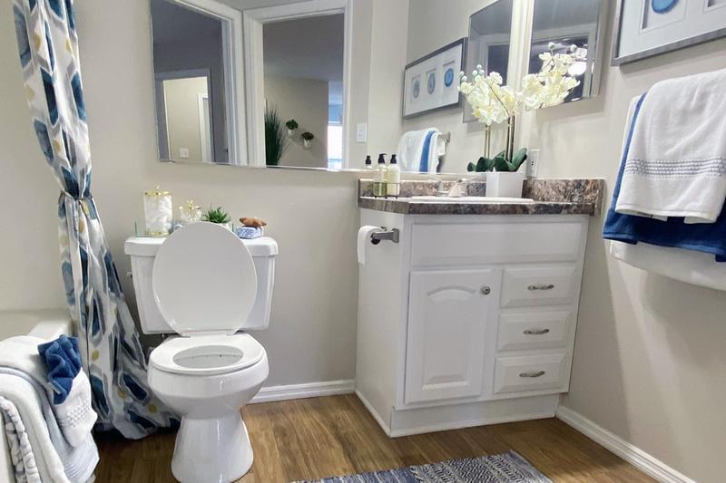 Bathroom | Newly renovated bathrooms with large mirrors and updated counter tops and cabinetry