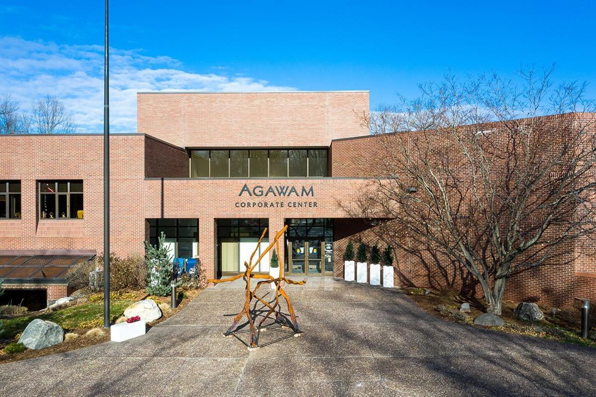 An exterior shot of the Agawam Corporate Center, with a brick building and a driftwood sculpture by Harold Grinspoon.