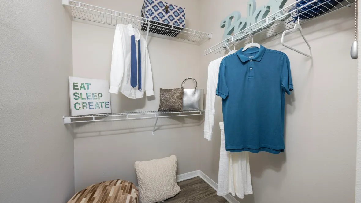 A roomy closet equipped with convenient organizers, ready to accommodate your wardrobe.