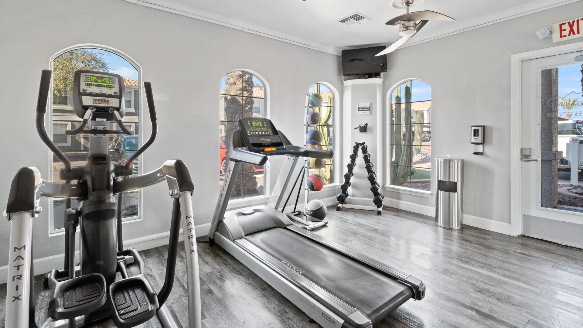 Sedona Peak's fitness center featuring a treadmill, elliptical, medicine balls, and free weights in a well-lit space with modern decor.