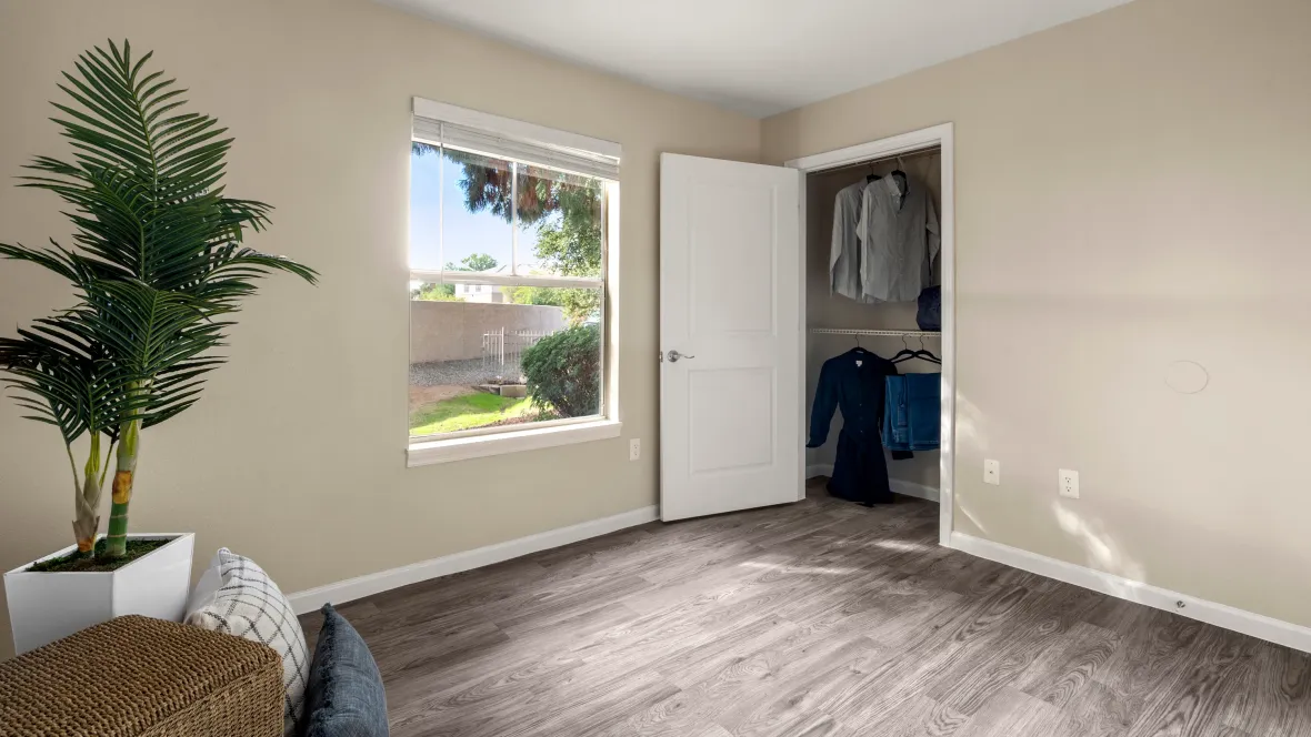 Sunshine flooding through bedroom – complete with large open closet. 