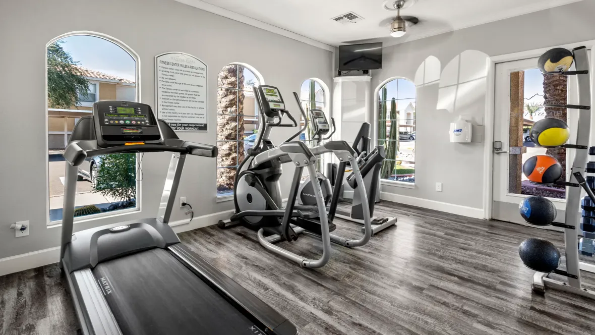 On-site resident gym lived up with elegant, tall windows with cardio equipment facing outside for a fun workout. 