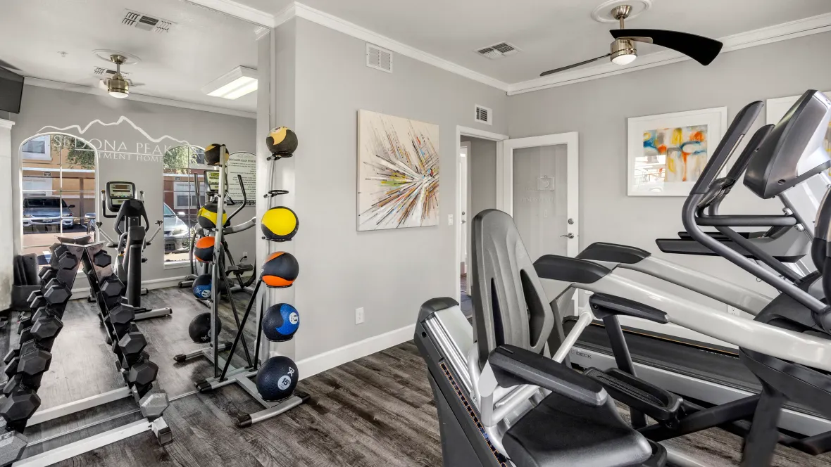Gym supplied with cardio machines including treadmill and ellipticals as well as weighted medicine balls and bar bells – everything you need for a total body workout!