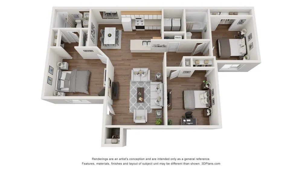 A 3D floor plan rendering of The Agave floor plan.