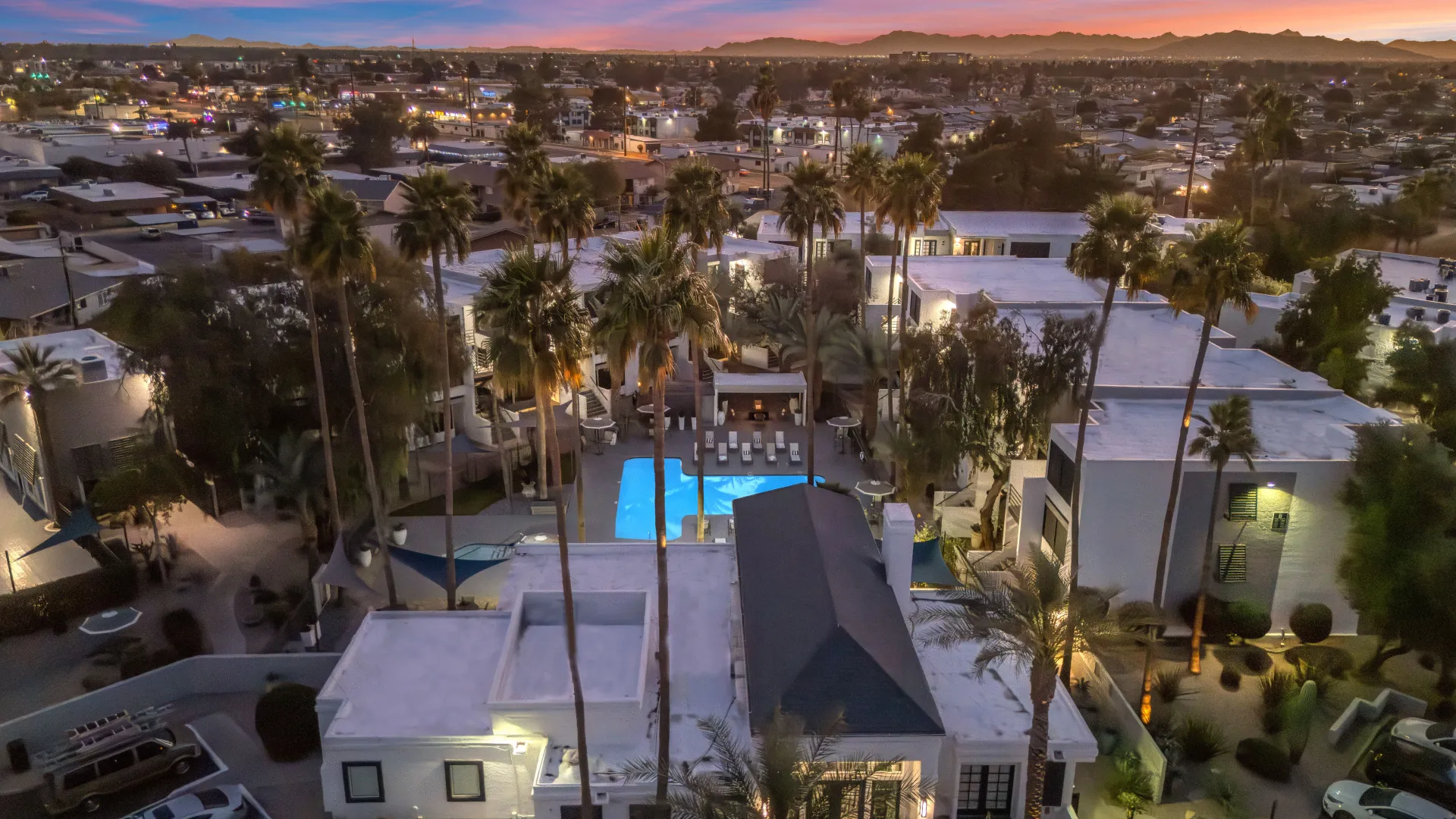 Aerial photo overlooking community buildings and pool