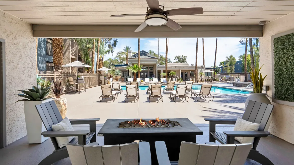  A large firepit conveniently located under a covered area so a fire can be enjoyed no matter the weather. 