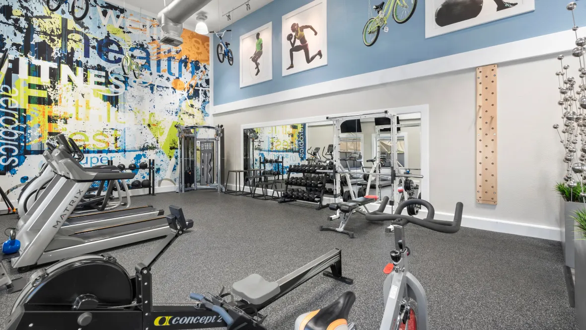 A fitness center with a variety of workout equipment. 