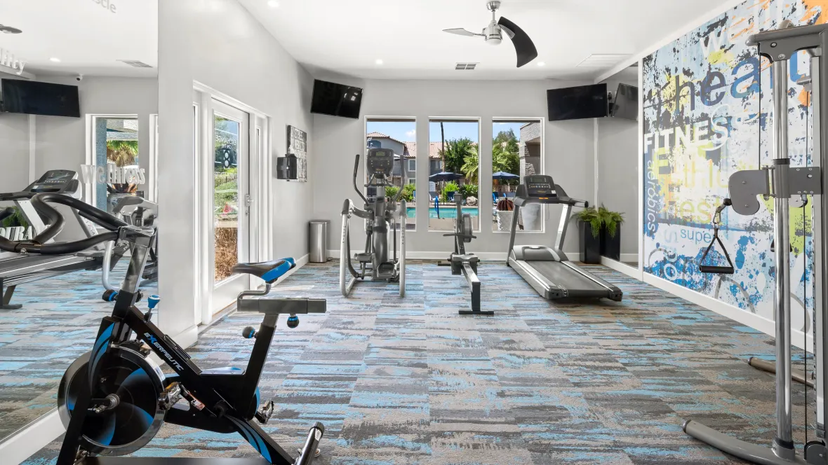 The resident gym complete with cardio machines, spinning bikes, weight machines, and more. A paradise for fitness enthusiasts awaits!