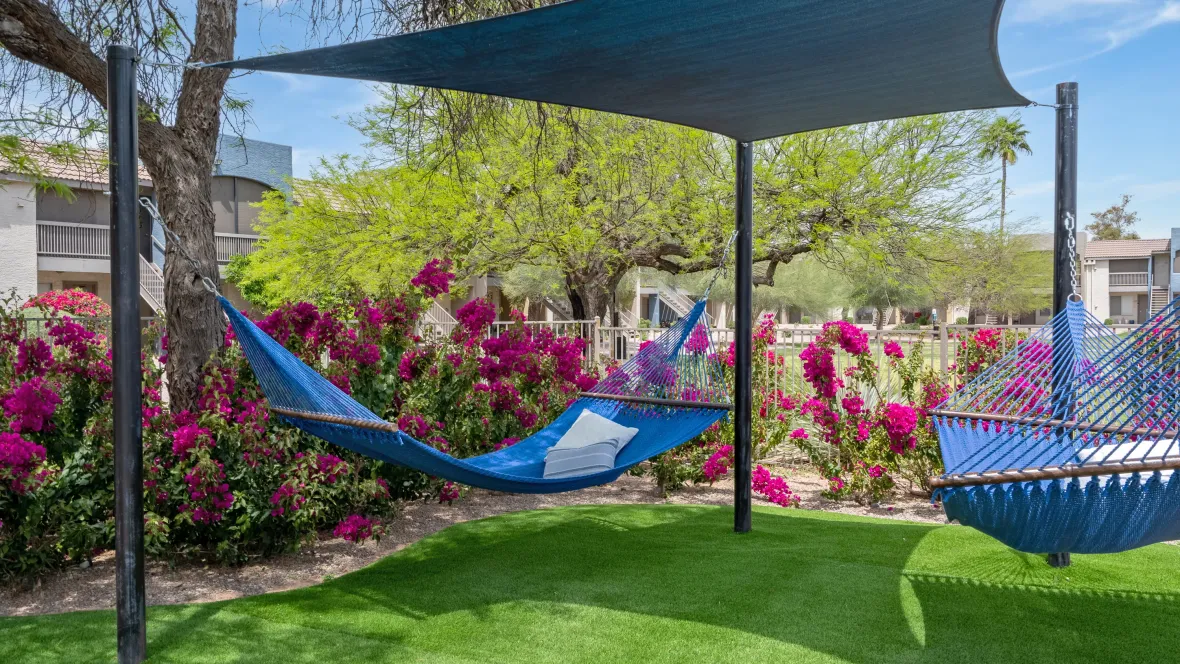 Two inviting hammocks sway in a tranquil grassy haven framed by vibrant pink flowers and shaded by a nearby tree, just outside the gated pool deck.