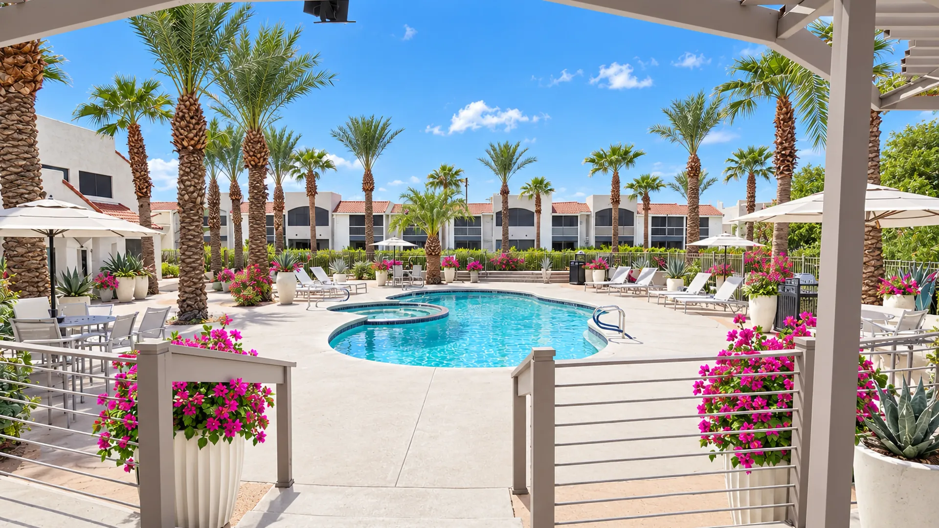 Level 550 swimming pool and spa surrounded by palm trees, flowering planters, lounge seating, and shaded outdoor gathering spaces.