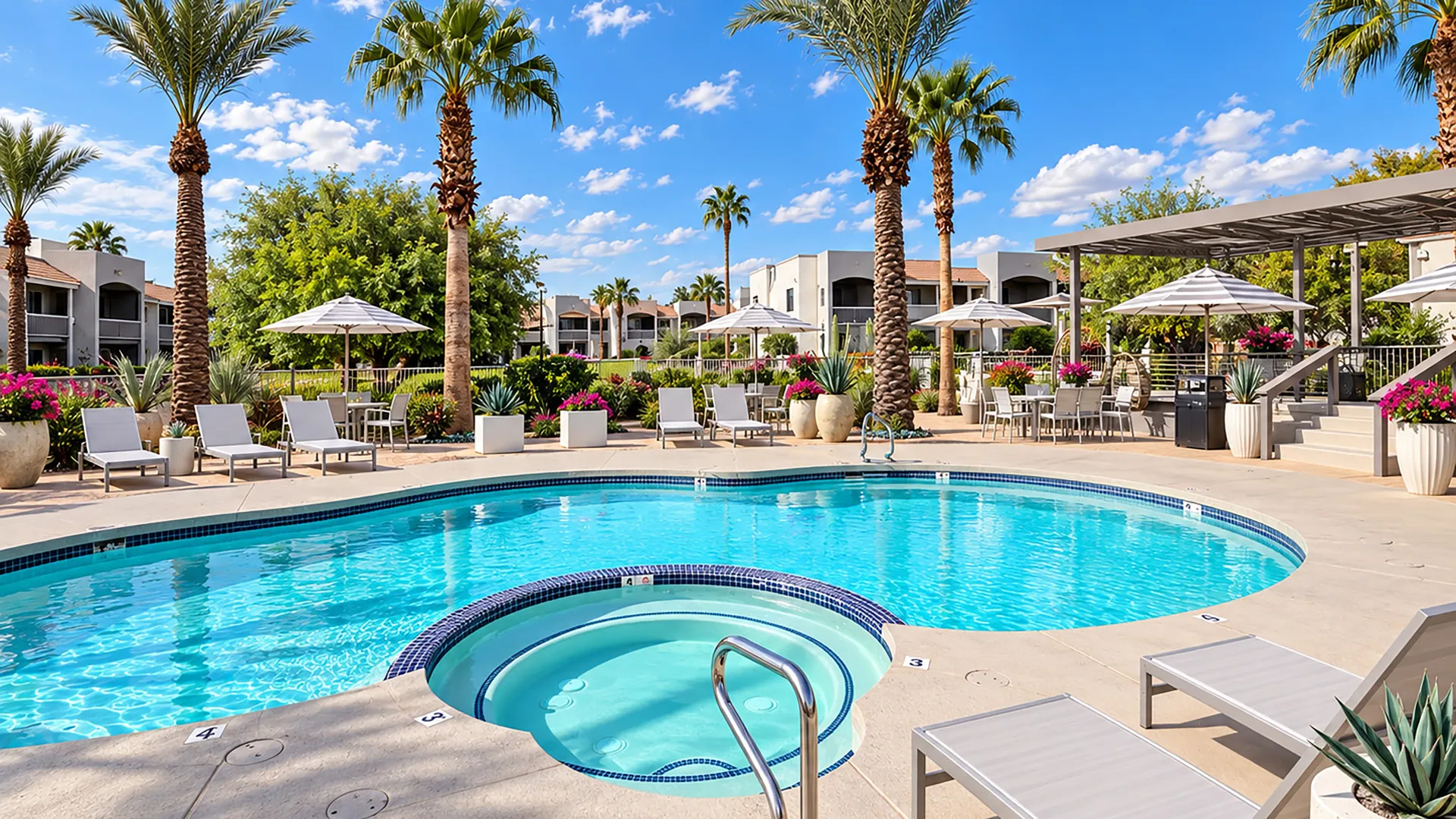 Resort-style pool and spa at Level 550 with lounge chairs, umbrellas, palm trees, and poolside seating.