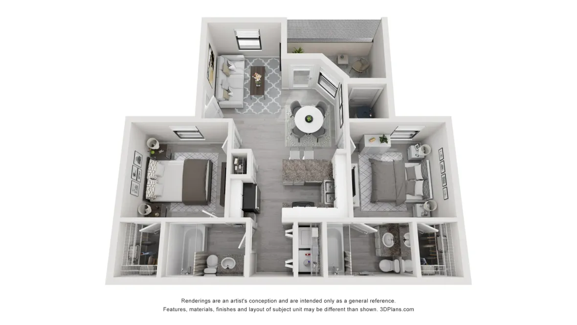 A 3D floor plan rendering of The Oasis. 