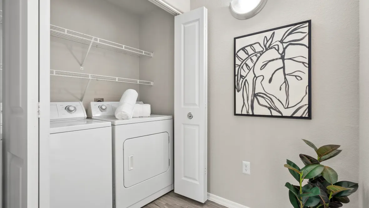 Full-size appliances conveniently located in an in-unit laundry closet.