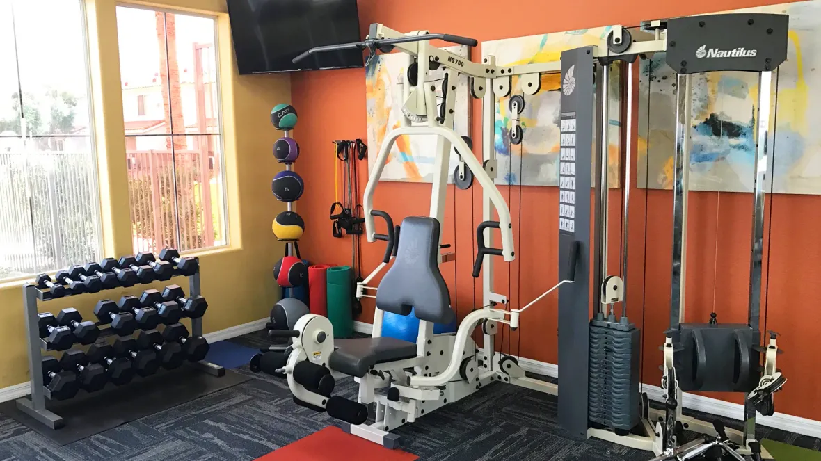 Fitness Center equipped with a range of weight training machines and free weights