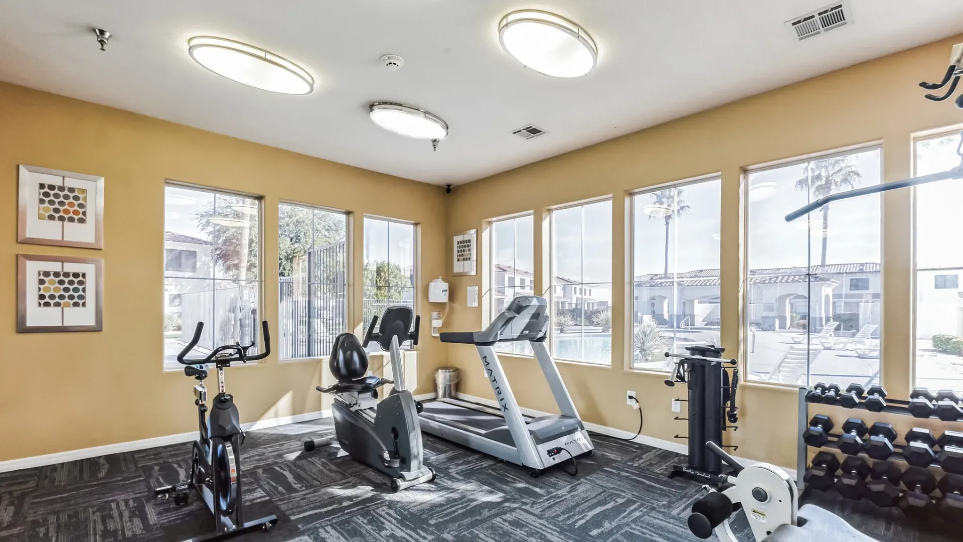 A fitness center with cardio and weight training equipment