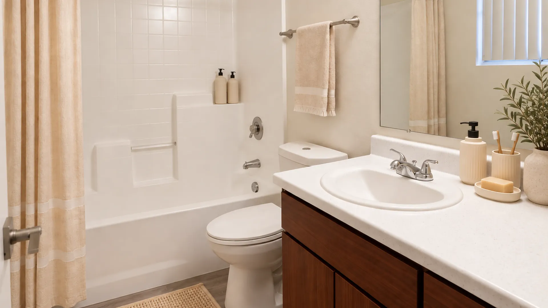 Bright Rancho Del Sol bathroom with a bathtub and shower, wood vanity cabinet, white countertop, large mirror, and neutral finishes.