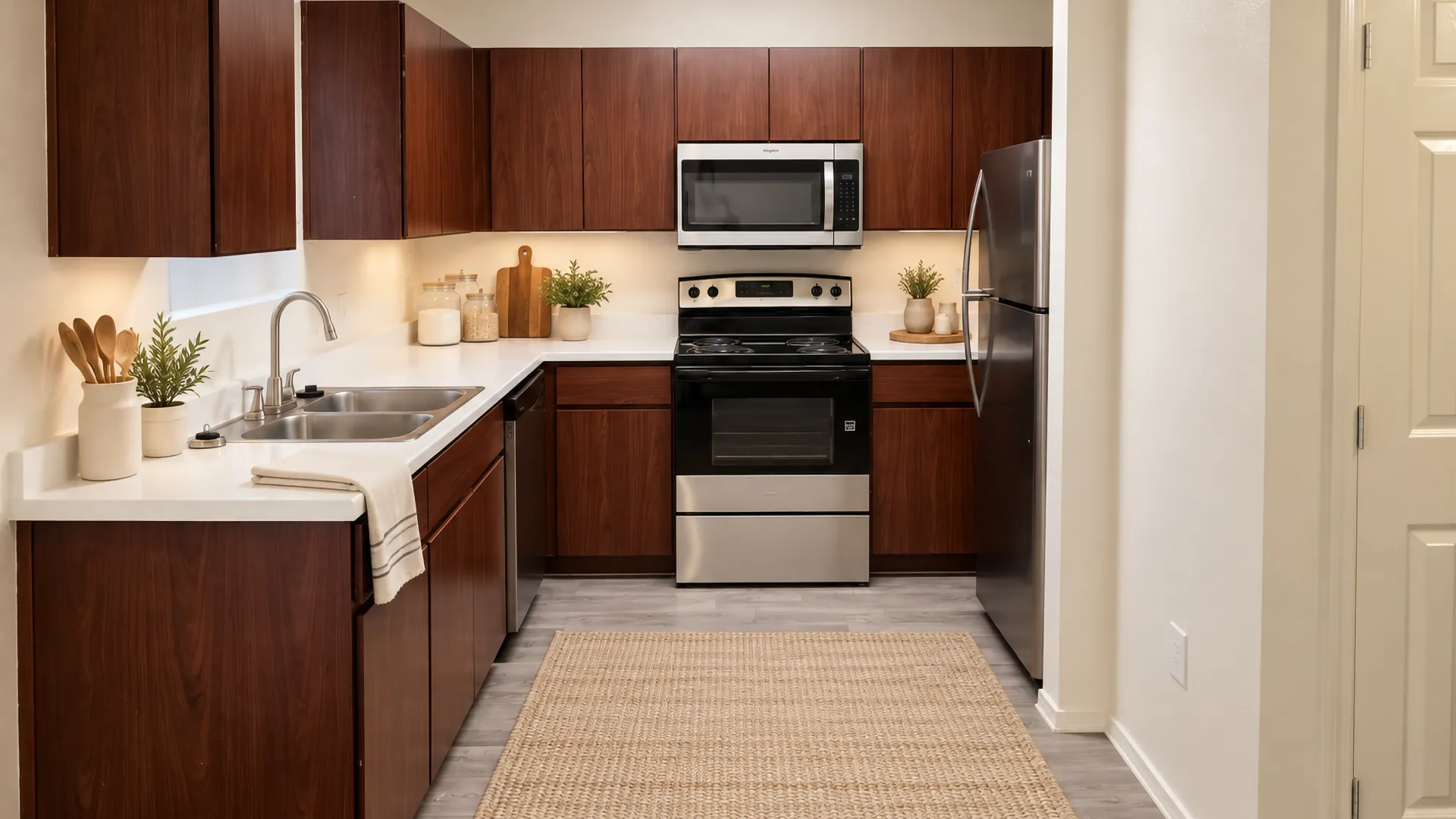 Rancho Del Sol kitchen with wood cabinetry, stainless steel refrigerator and microwave, electric range, dishwasher, and double sink.