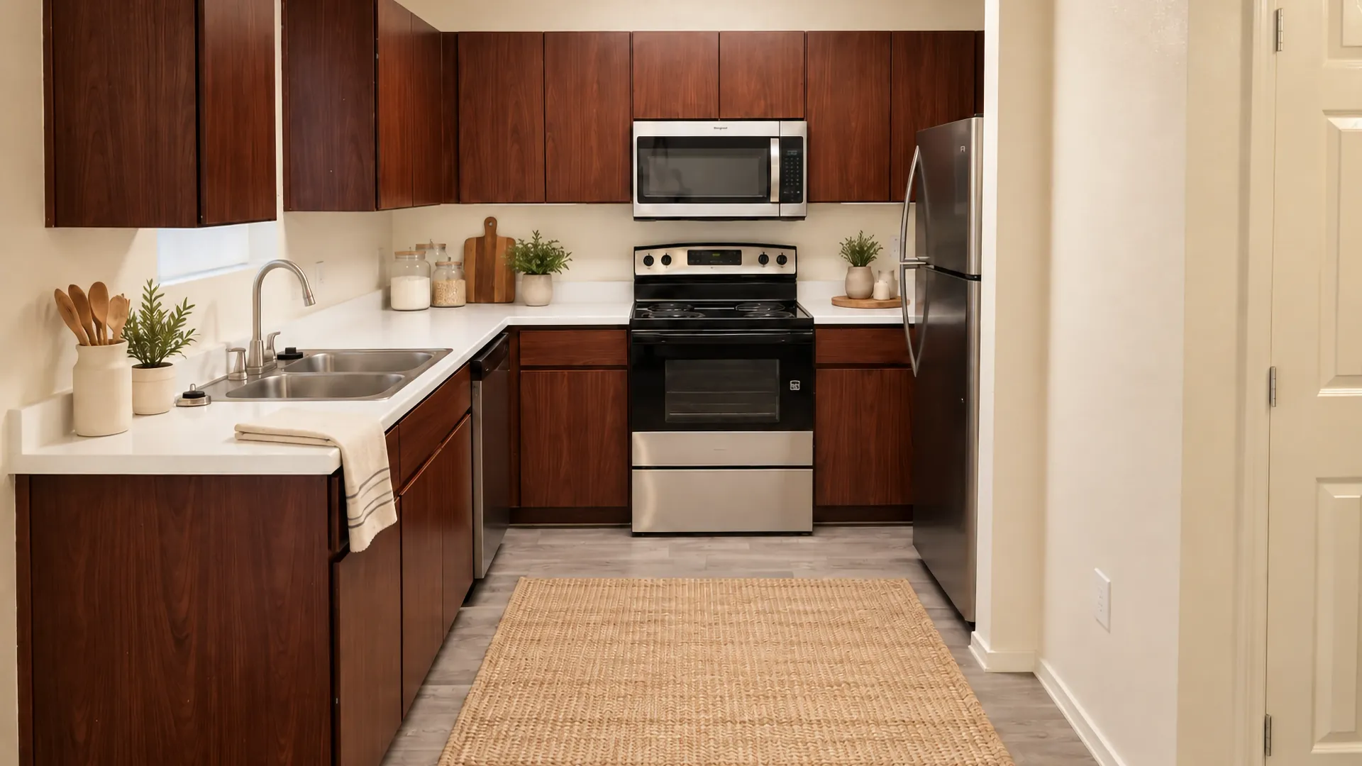 Rancho Del Sol kitchen with wood cabinetry, stainless steel refrigerator and microwave, electric range, dishwasher, and double sink.