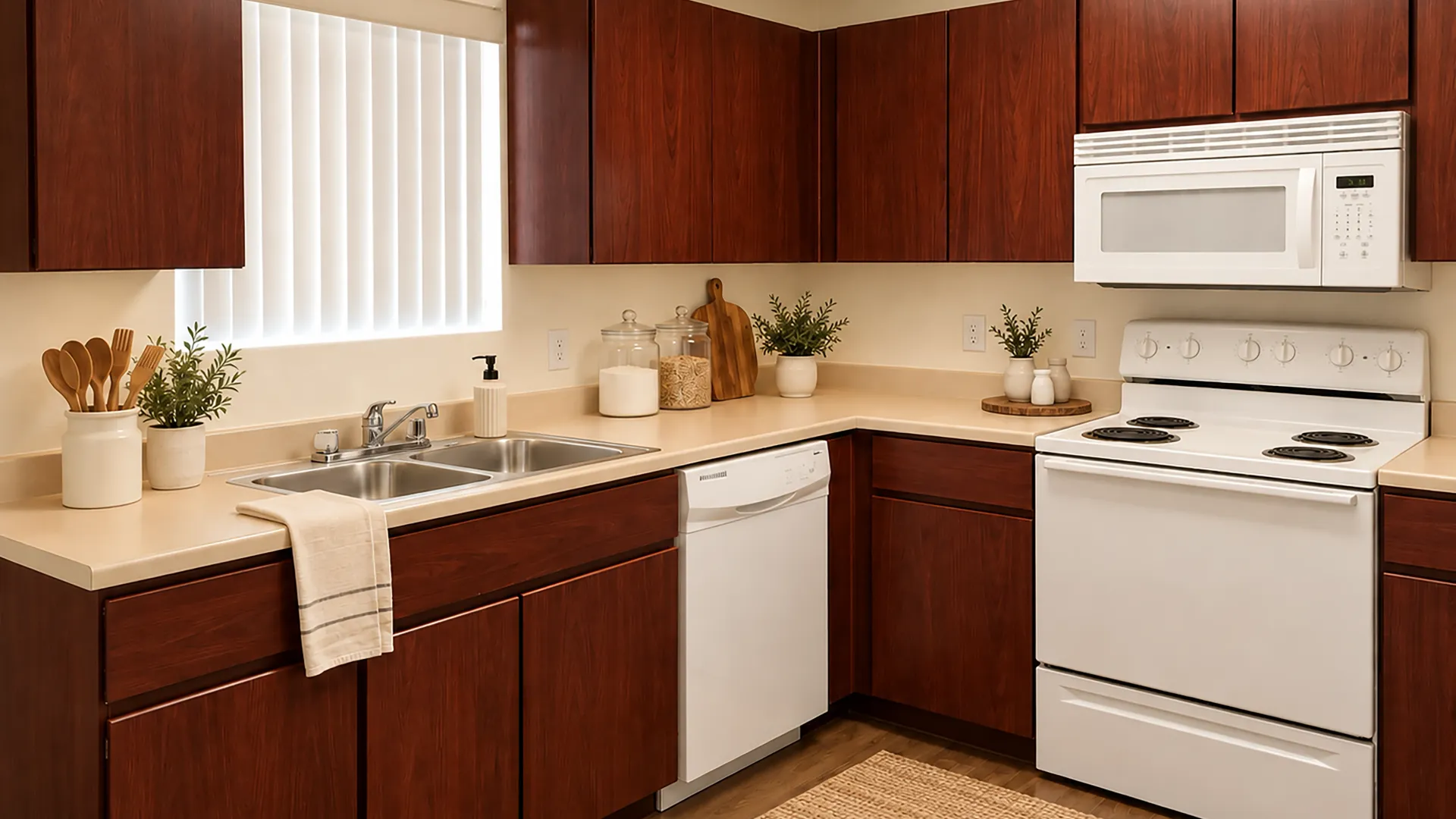 Rancho Del Sol kitchen with wood cabinetry, white appliances, dishwasher, double-basin sink, and ample counter space.
