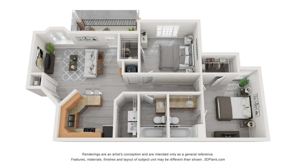 The Clover floorplan offers two bedrooms and two baths. 