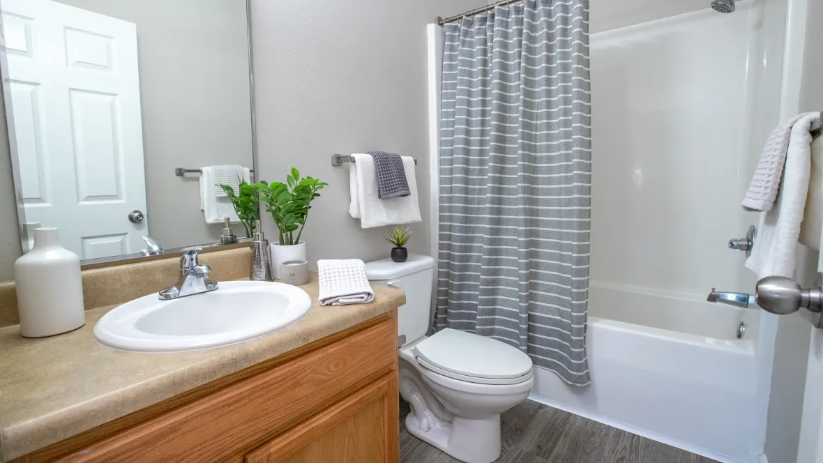 A well-appointed guest bathroom, an inviting oasis with wood-like flooring, large mirrors, gleaming chrome fixtures, and spacious countertops.