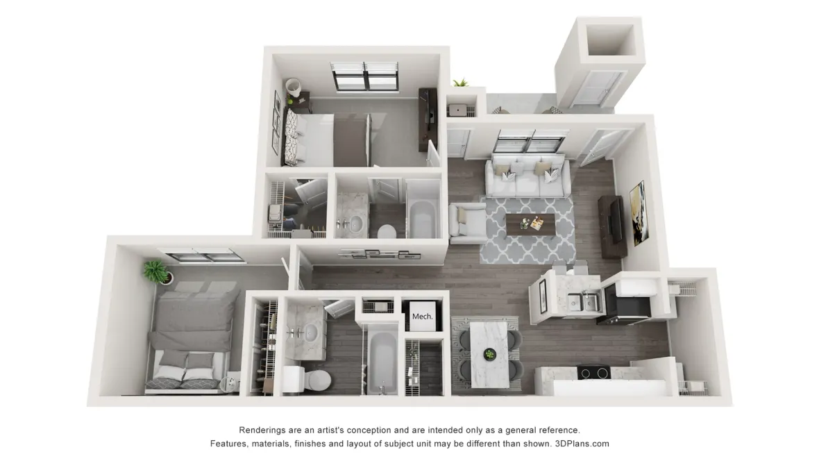 The Boulevard floorplan offers two beds and two baths. 