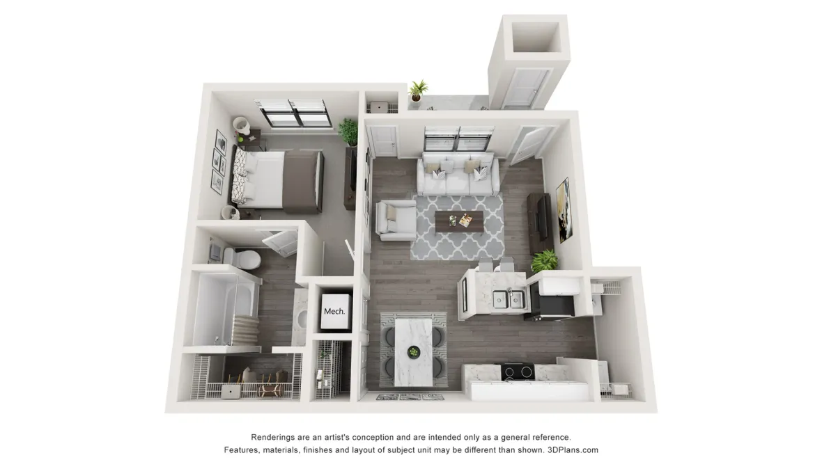 The Parkway floorplan offers one bed, one bath. 