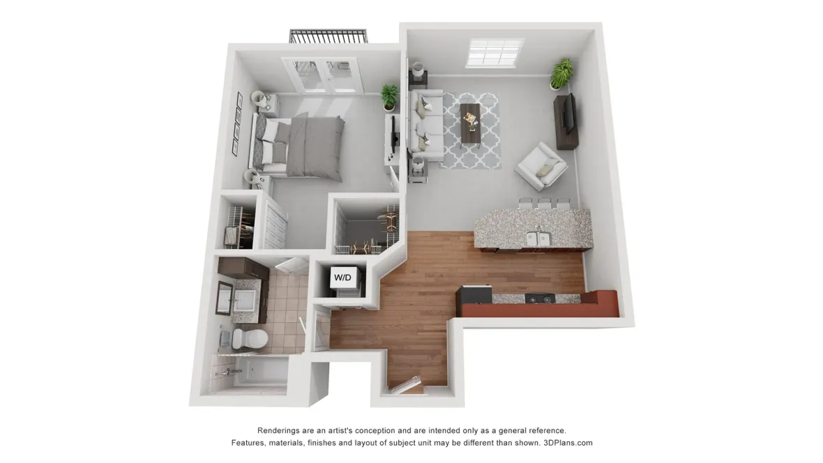 The Palmer floorplan offers one bed, one bath. 
