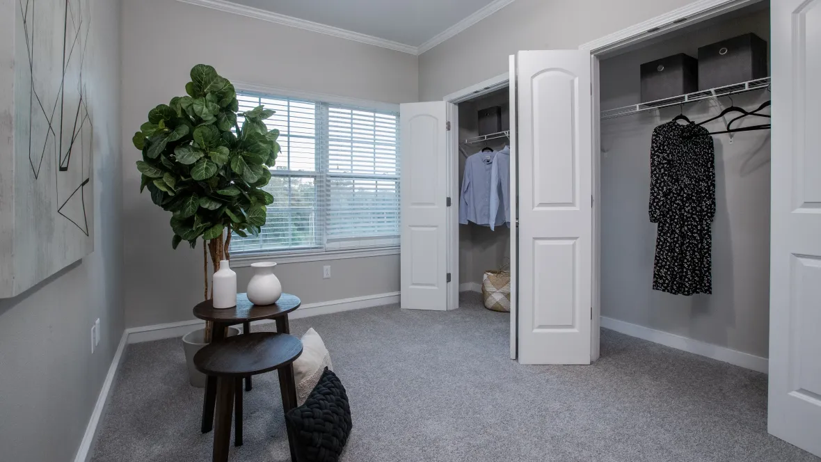 A cozy bedroom with two large closet spaces. 
