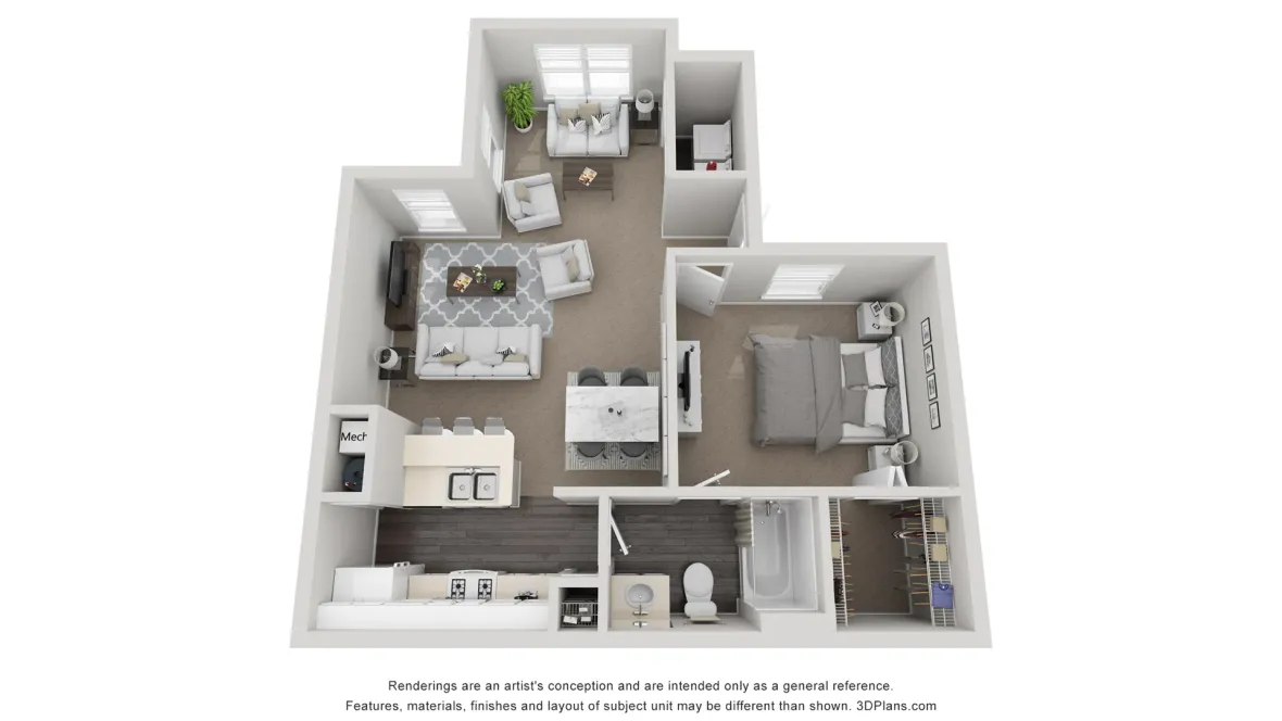 A 3D rendering of The Camelia floor plan, a one bedroom one bathroom