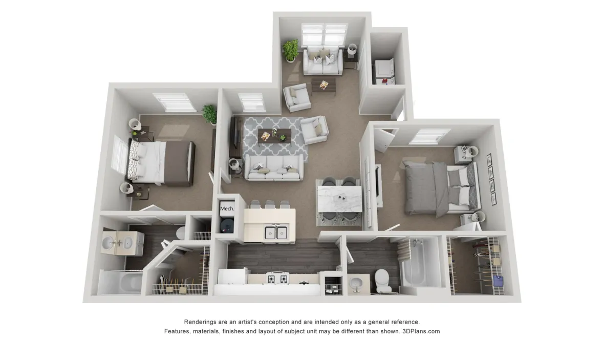 A 3D rendering of The Gardenia, our two bedroom two bathroom floor plan