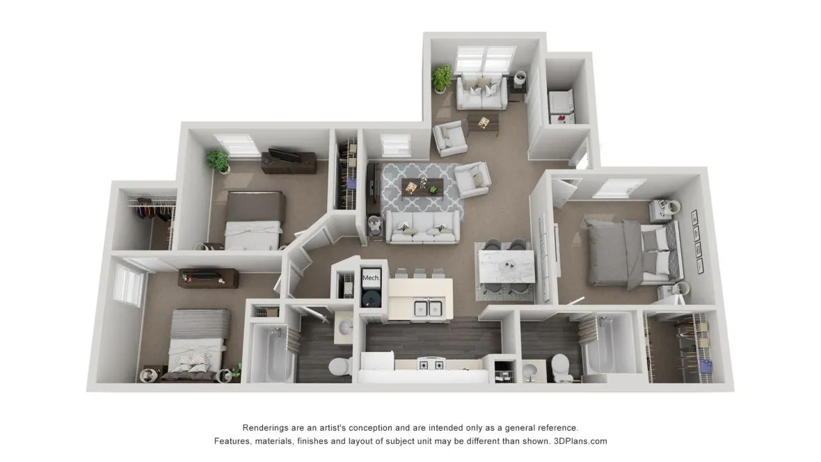A 3D rendering of The Magnolia floor plan, our 3 bedroom 2 bathroom floor plan.