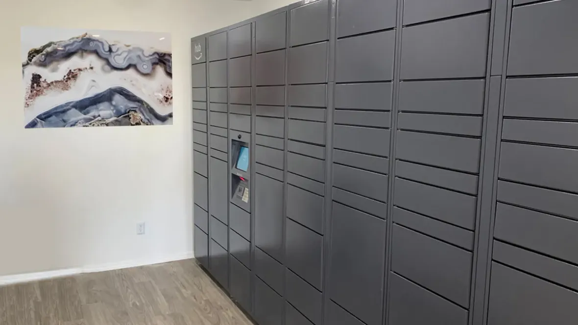 Package lockers with Amazon logo, enhancing convenience for residents.