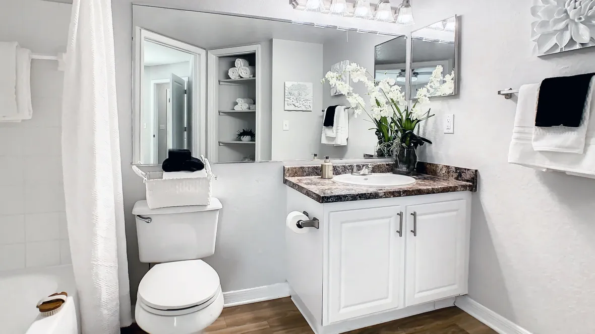 Elegant bathroom with granite-style countertops, wood-style flooring, and a spacious linen closet.