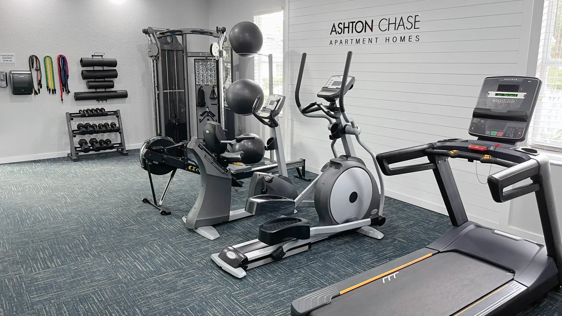 Fitness center with treadmills, ellipticals, weight machines, free weights, resistance bands, and exercise balls in a clean and modern space with natural light.