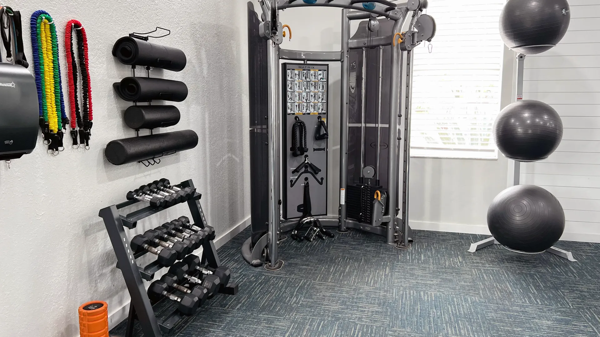 Fitness center with free weights, resistance bands, yoga mats, exercise balls, and a multi-functional weight machine, providing a comprehensive workout environment in a well-lit room with carpeted flooring.