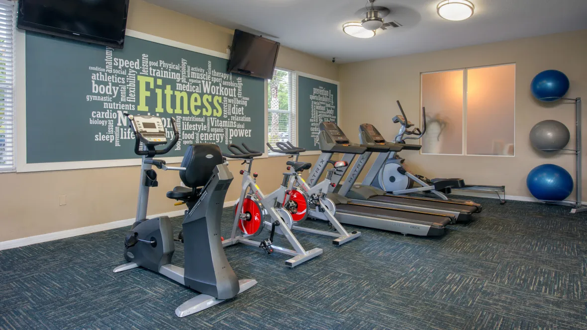 A well-equipped fitness center with treadmills, cardio equipment, and yoga balance balls.