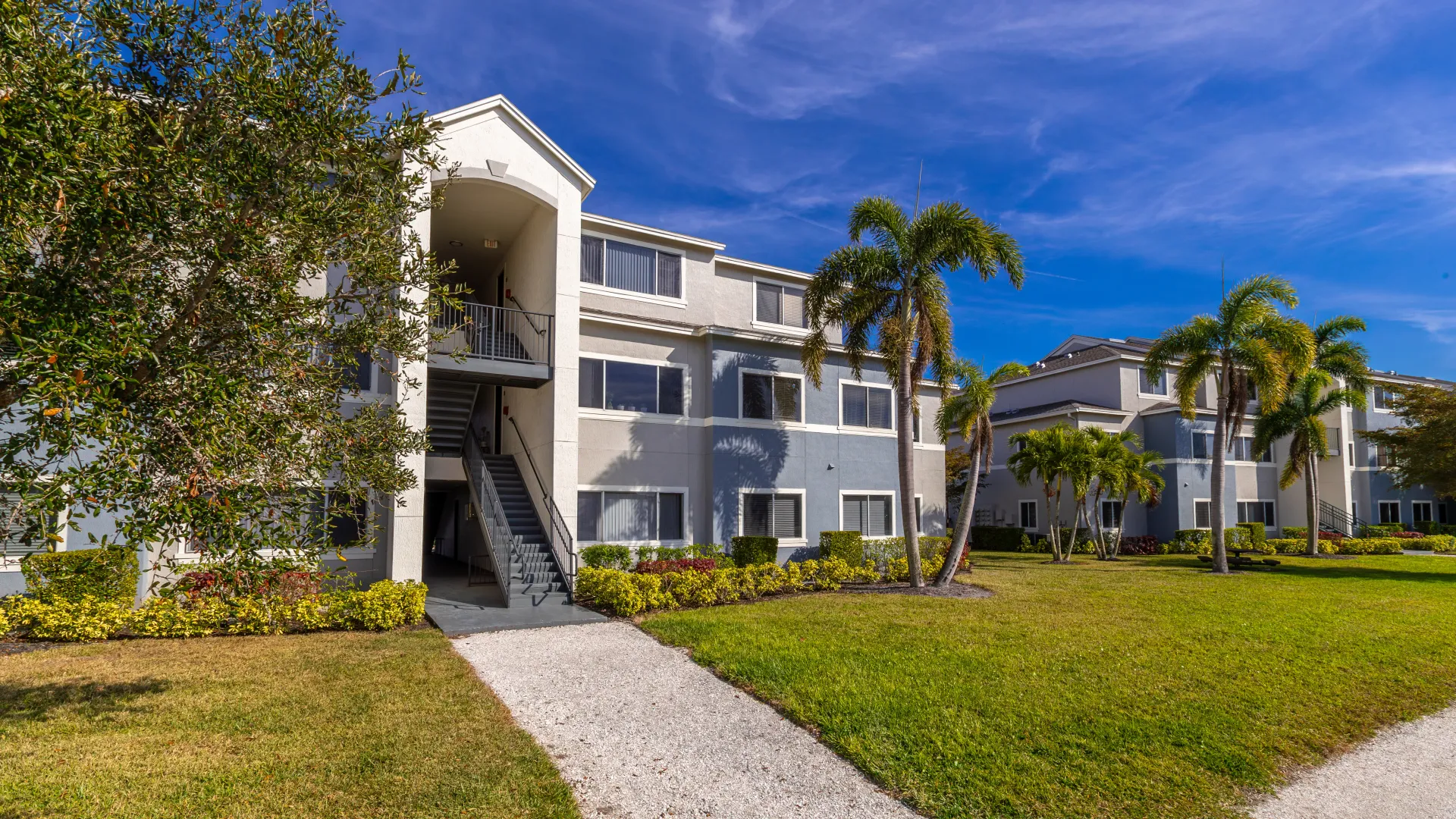 Exterior view of Lexington Palms apartments featuring a well-manicured lawn, palm trees, and a scenic walking path.