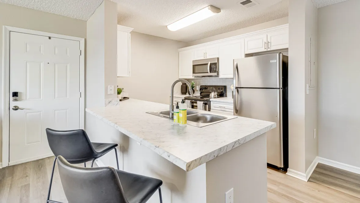 A sleek kitchen with polished, stainless-steel appliances, magnificent marble-inspired countertops, and abundant lighting - a stunning culinary haven.