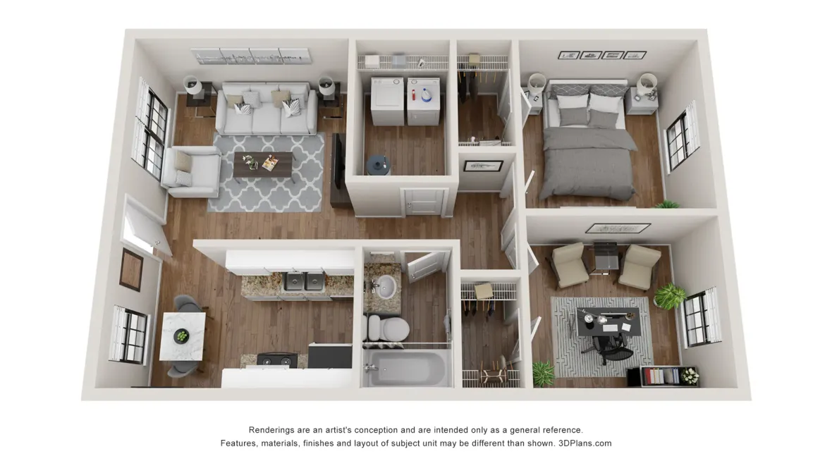 A 3D floor plan rendering of The Chalet floor plan, a one-bedroom, one-bathroom apartment with a bonus room.