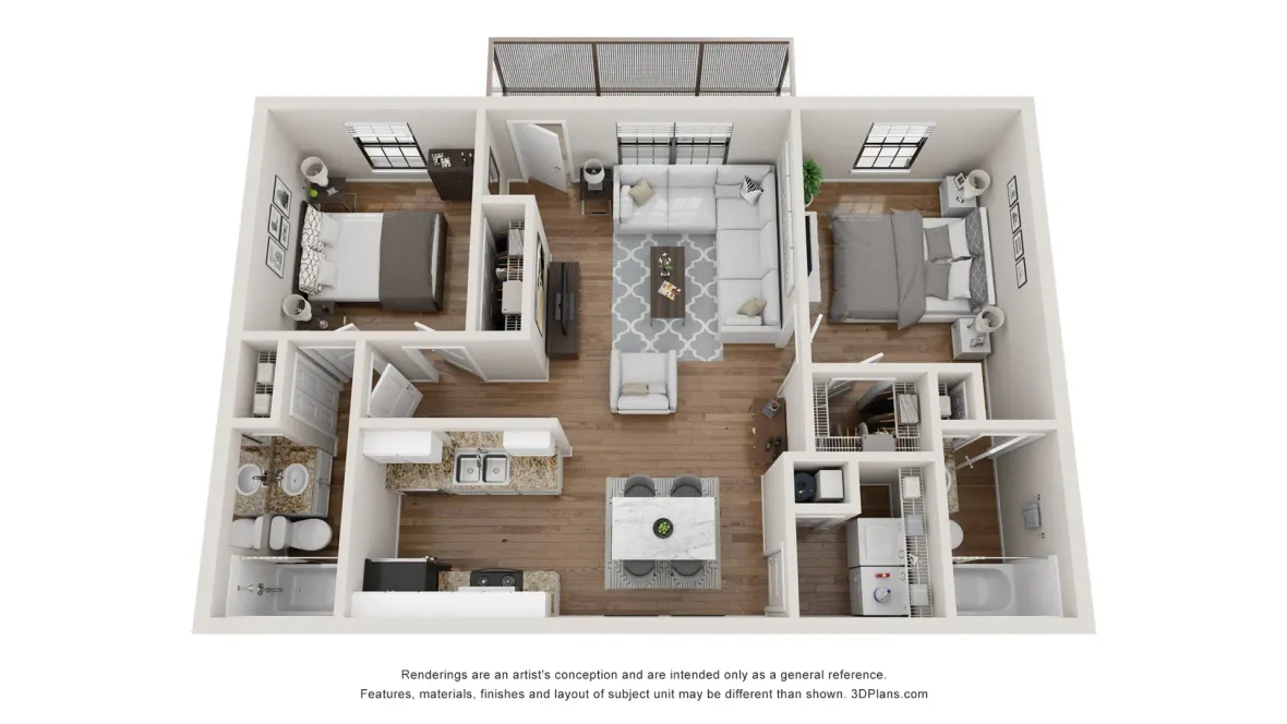 A 3D floor plan rendering of The Chateau floor plan, a two-bedroom, two-bathroom apartment.