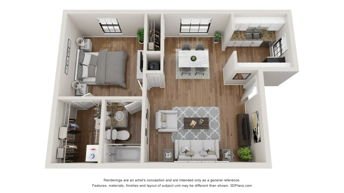 A 3D floor plan rendering of The City, a one-bedroom, one-bathroom apartment.