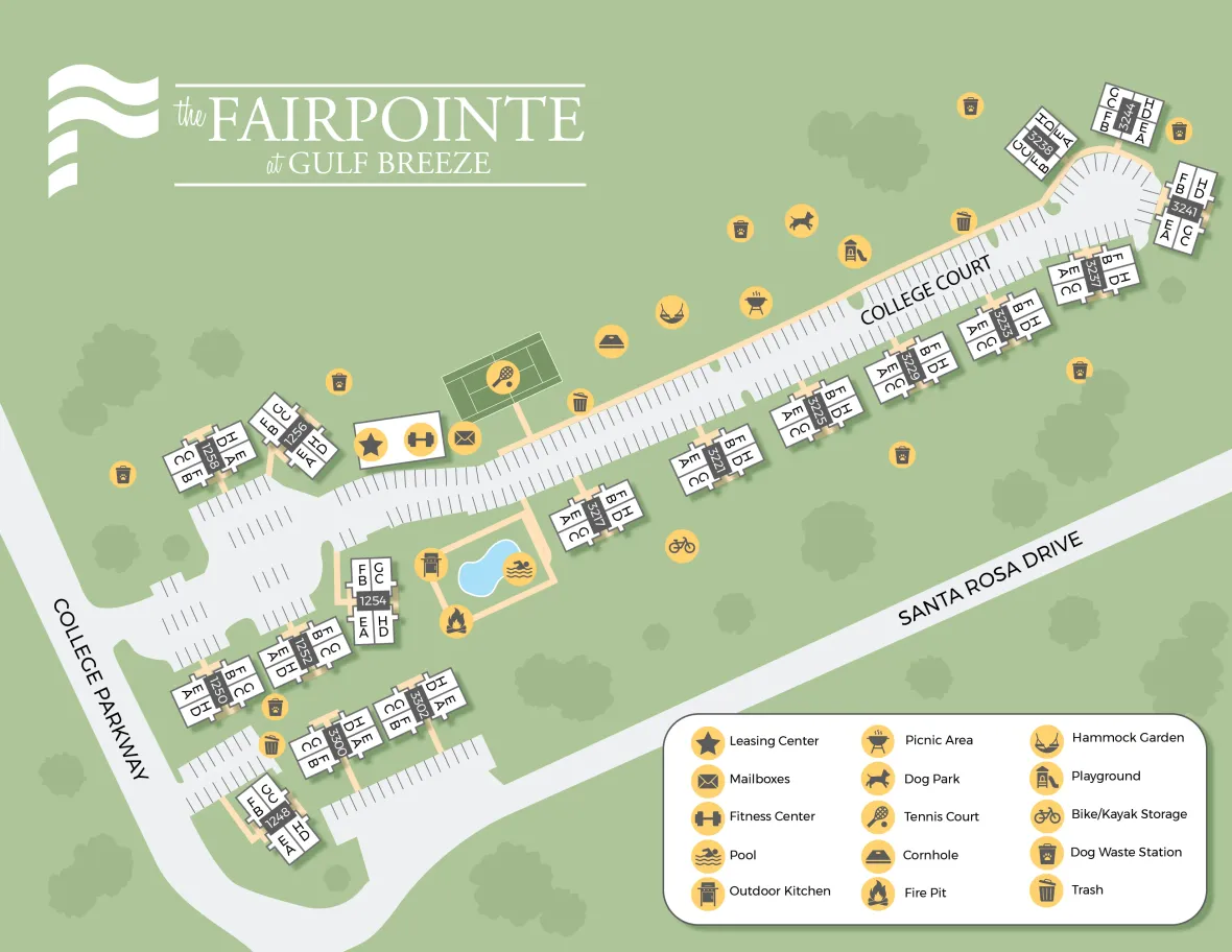 A 2D rendering of the The Fairpointe at Gulf Breeze community in Gulf Breeze, Florida. 