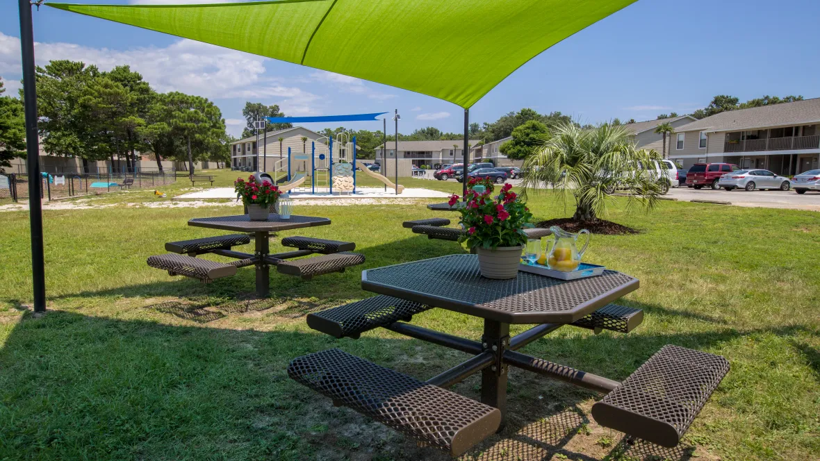 An allocated recreation zone with multiple picnic tables, a charcoal grill, and a vibrant playground under sail shades, inviting residents for outdoor meals and fun times. 