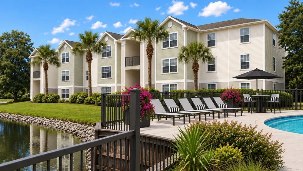 Indigo Isles pool deck with lounge chairs, tropical landscaping, a pond, and three-story apartment buildings.