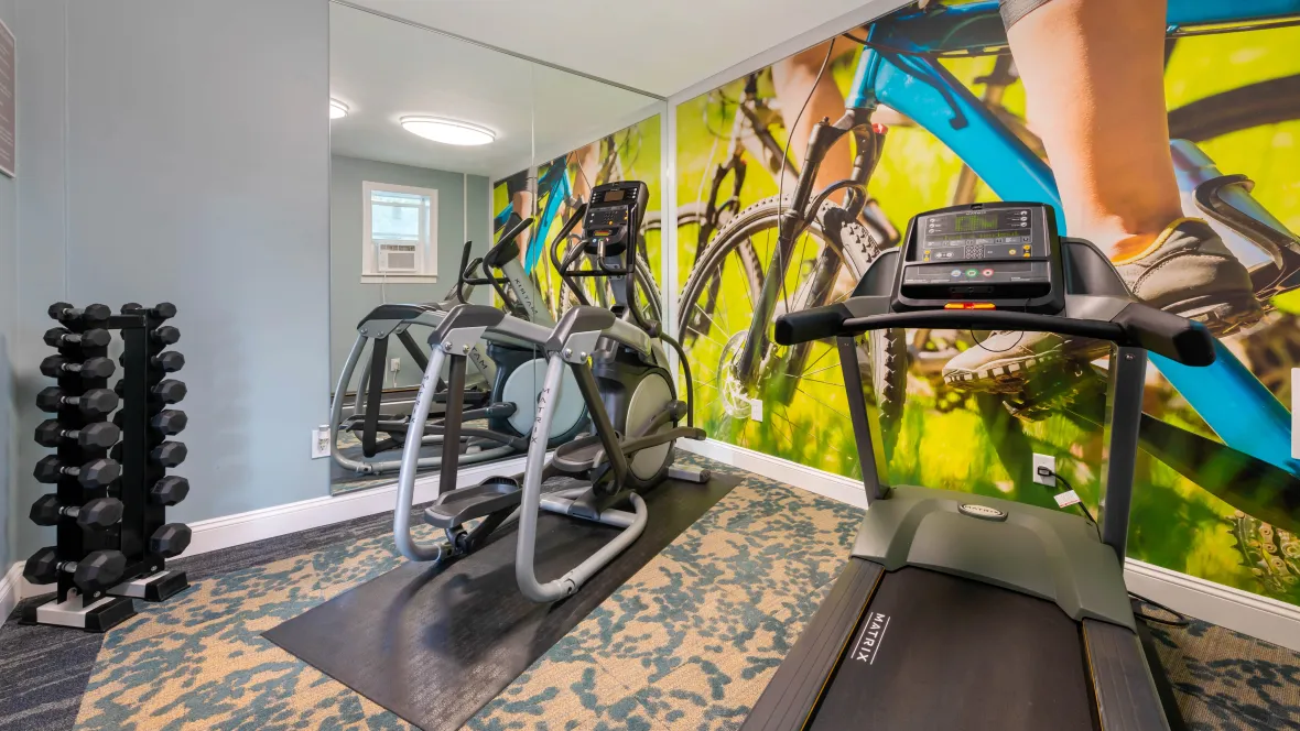 A variety of modern cardio equipment and hand weights in a cozy resident gym perfect for any anytime workout.